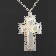 Mother of Pearl Carved Cross Pendant Hand-Carved in Bethlehem 925 Chain