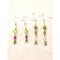 Handmade Dangle Drop Earrings Green Blue Pink Glass Beads .925 Hooks Set 2