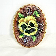Handcrafted Copper Enamel Yellow Pansy Flower Pin Johnny Jump Up Oval Gold Frame