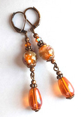 LAMPWORK & AMBER COLOR dangle earring COPPER LEVERBACK handcrafted XLW