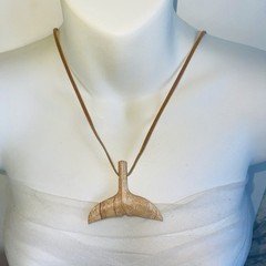 Wood Whale Tail Pendant Necklace Hand Carved 24″ Leather Cord Strength Power