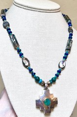 LOVELY Artisan Sterling Silver Malachite, Turquoise, Abalone Reversible Necklace