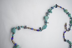 Handmade 26″ Turquoise and Lapis Lazuli Nugget Necklace with Brass and Glass Bea