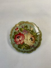 Vintage Russian Lacquer Zhostovo Brooch Pin Artist Signed Rare Sage Green Bkgrnd