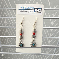 JS Designs Handcrafted Silver Plated Dangle Earrings Turquoise Flower Red Beads