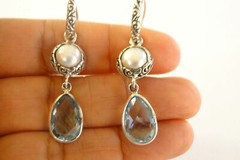 White Mabe Pearl Blue Topaz 2-Stone 925 Sterling Silver Dangle Earrings