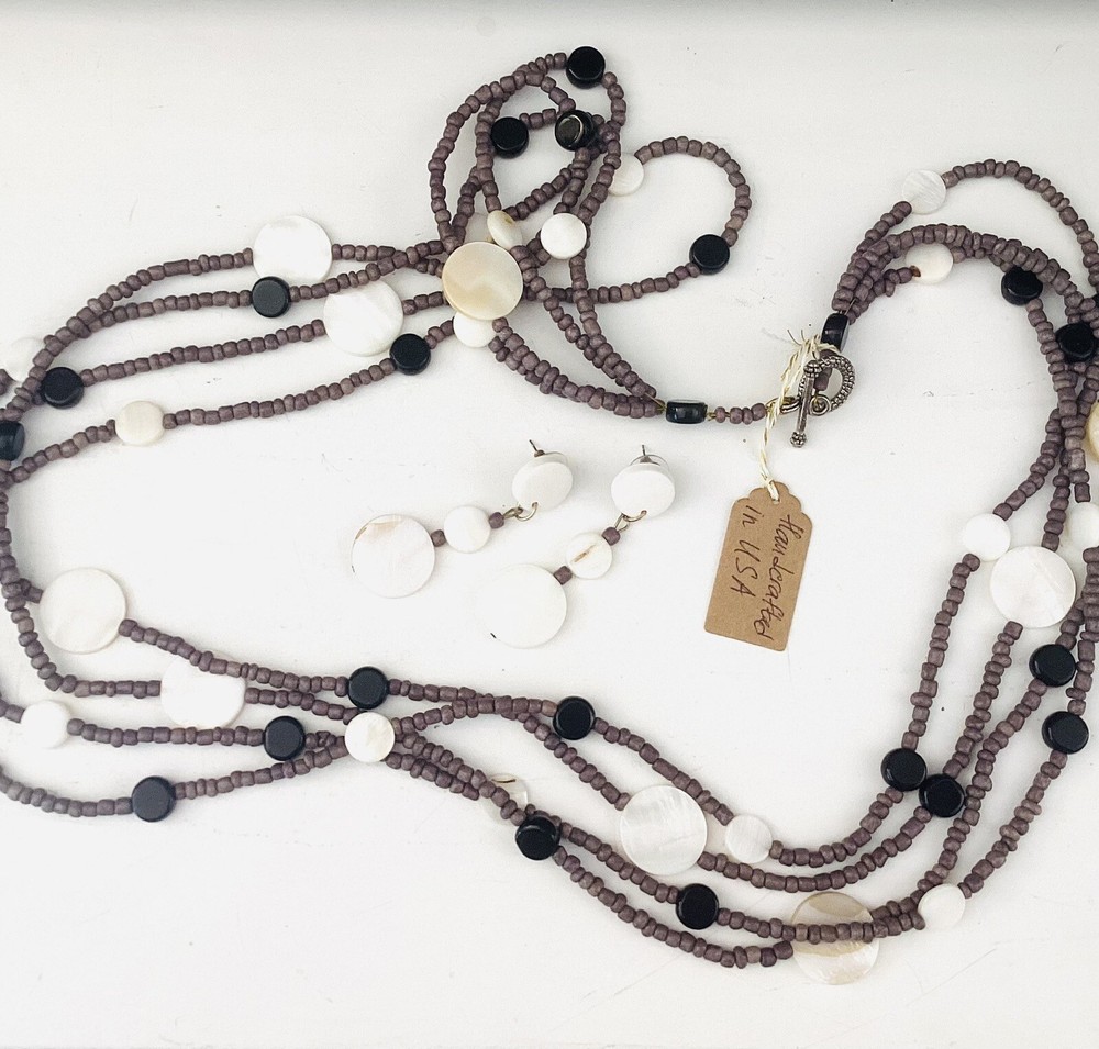 Black White Gray Long Layered Beaded Necklace And Stud Earrings Artisan 2ps Set