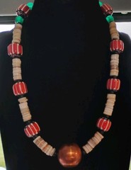 Tribal Copper Red Striped Glass Trade Beaded Natural Wood Necklace