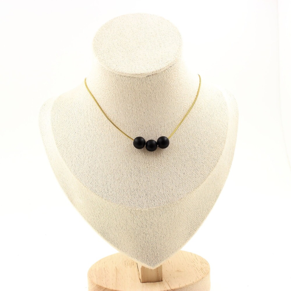Necklace 3 Beads Black Onyx Matt 0 5/16in Chain Steel Golden Stainless Fe