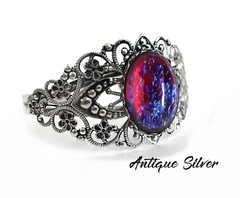 Czech Glass Stone Mexican Opal Dragons Breath Cuff Bracelet Silver, Rose Gold