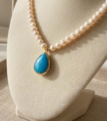 Freshwater Pearl and Blue Amazonite Necklace, Handmade Natural Stone Statement