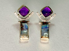 Opal Amethyst post earrings in sterling silver Bezel set signed Debbie Noiseau
