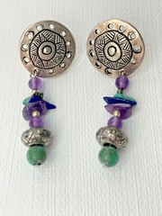 Silver Medallion Dangle Pierced Amethyst Turquoise Earrings