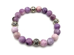 Rare 10mm Light Purple Lepidolite Gemstone & .925 Silver Bali Bead Bracelet