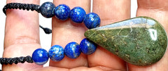 Serpentine Stone hand braided adjustable Necklace with Lapis Lazuli beads.