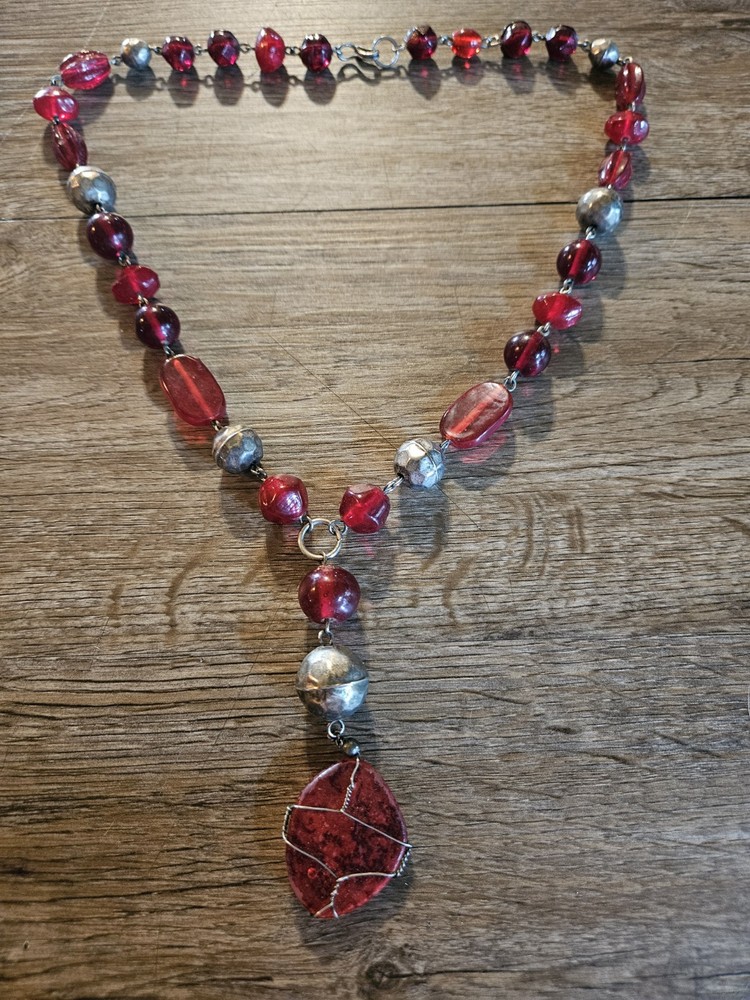 handmade beaded necklace dark red faceted glass crystal and metallic silver bead