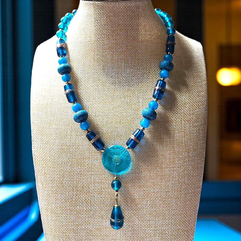 Artisan Turquoise Blue Y Drop Necklace Lampwork Glass Acrylic Beads Boho OOAK