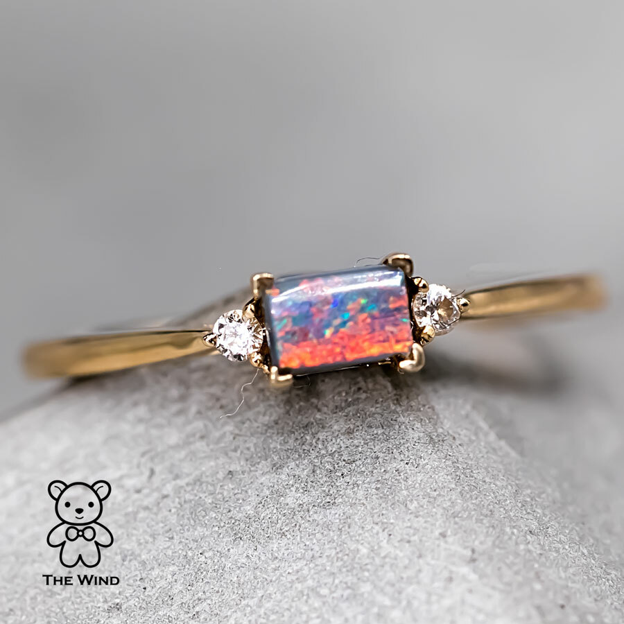 Minimalist Rectangle Australian Boulder Opal Diamond Engagement Ring 18K Gold