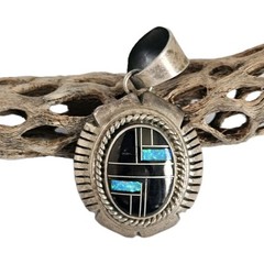 VTG Zuni Oval Pendant Inlay Mosaic Opal Onyx Sterling Silver Native American 2″