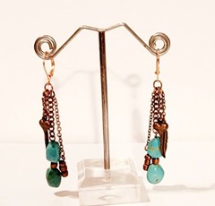 Turquoise Gemstone Earrings on Copper Leverbacks Dangle Chains Heart Leaf Charms