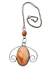 Vintage Hand Crafted Orange Calcite Pendant Chain Necklace 12 3/4 Inches