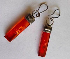 High-quality, ultramodern, handmade silver & reddish brown amber earrings-2.5″ L