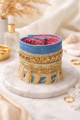 Boho Luxe Denim Fringe Cuff Bracelet Gold Embellished Moroccan Style OOAK Signed