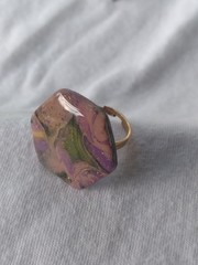 Handcrafted Gold Adjustable Polymer Clay Ring Pink Purple Green Hexagon Shaped