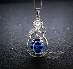 Blue Sapphire Necklace – Sterling Silver Flower Pendant, Oval 3 Ct Blue