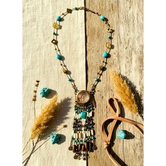 Handcrafted Southwestern Boho Necklace Turquoise Tiger’s Eye Fringe 30”