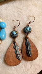Handcrafted Turquoise STYLE Wood Jewelry Set Earrings Bracelet Boho Western chic