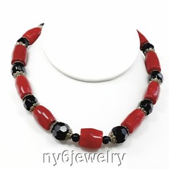 Red Coral / Black Onyx Silver Toggle Statement Long Necklace 18″ FREE SHIPPING
