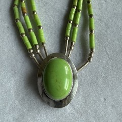 Green Gaspeite Heishi Bead Stabilized 3 Strand Sterling Silver Necklace 15”