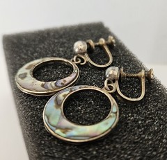 VTG Sterling Abalone Inlay Dangle Screw Back Earrings. Marked Made in Mexico.