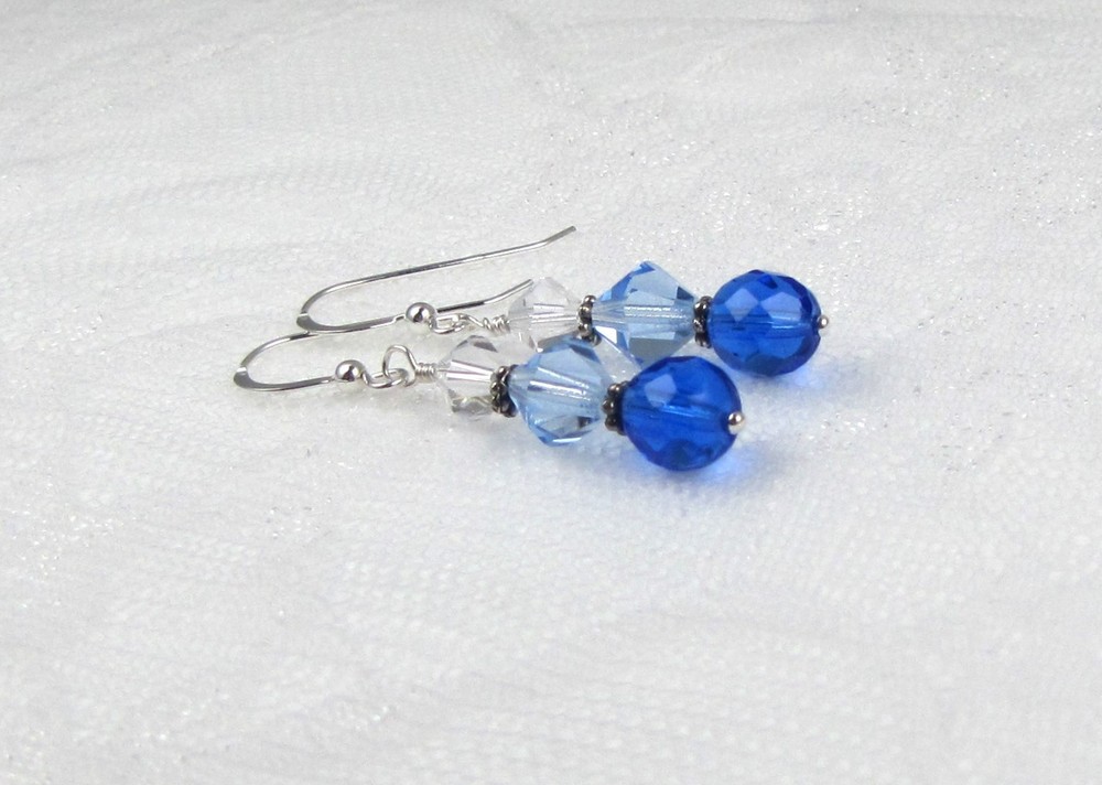 Blue Crystal Earrings, Antique-silver-plated Pewter, Sterling 925, Gift Box