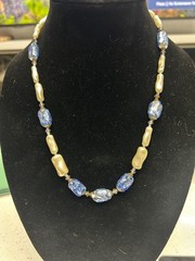 Boroque faux pearl and blue foil glassbead necklace