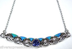Trillion Tanzanite & Blue Fire Opal Inlay 925 Sterling Silver Necklace 18» Long
