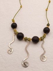 Vintage Boho BeadedCordNecklace W/ Metal Scroll Design Drops&Unikite,Glass Beads