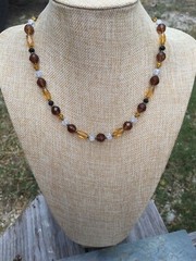 Handmade Necklace Brown, Yellow, Black and Clear Glass with Bronze Spacer Beads