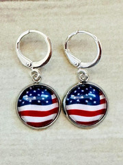 Huggie Hoop Stainless Steel Lead Free Leverback Earrings USA Flag Stars Stripes