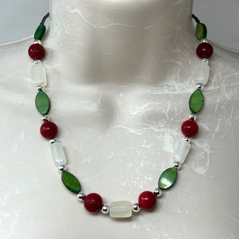 Handmade Beaded Necklace Red Coral Green MOP Shell and White Italian Onyx Beads