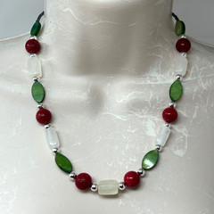 Handmade Beaded Necklace Red Coral Green MOP Shell and White Italian Onyx Beads