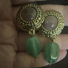 Handcrafted Gold Tone Dangle Clip-On Earrings Green Glass Round Oval Women