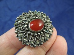 Hand Made 800 Silver Boho Pin Brooch With Orange Glass Cabochon Stone Greece
