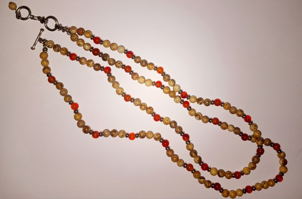 Picture Jasper & Carnelian Boho Gemstone, Silvertoned Double Strand Necklace 17″