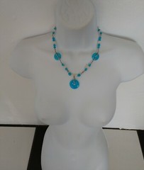 Aqua Beaded Necklace Hand Wrapped Wire Blue and White Beads Handmade Jewelry