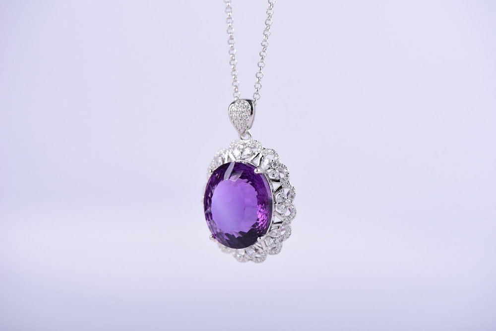 S925 Sterling Silver Oval Cut Natural Uruguay Amethyst Pendant,25x38mm