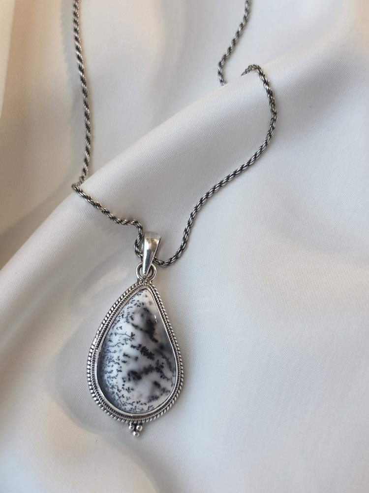 Vintage Danecraft Sterling Silver Dendritic Opal Pendant Necklace Whimsigoth