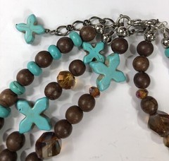 Artisan Necklace Southwest Beaded Blue & Brown Cross Multi Strand – 24 in Length