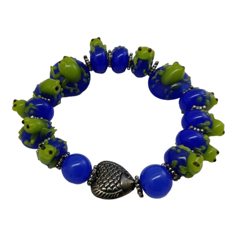 Lampwork Glass Cobalt Blue Beads Elastic Bracelet Green Frogs